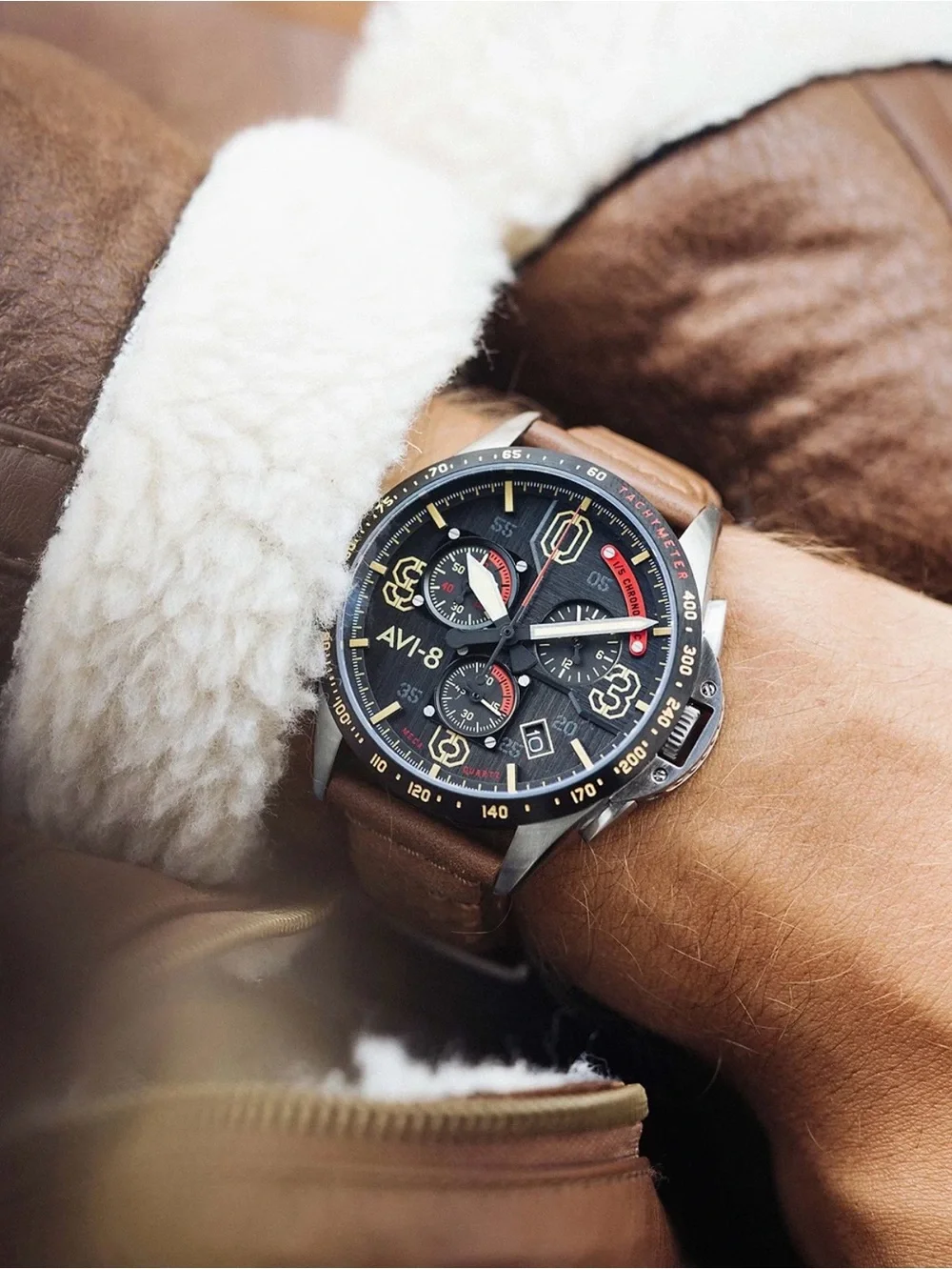AVI-8  P-51 Mustang Blakeslee Bronze Oak Brown Genuine Leather Strap Watch, 43mm